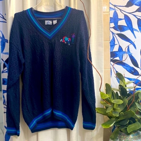 Men’s Vintage Cambridge Classic Navy Embroidered V Neck 100% Cotton Golf Sweater - Picture 1 of 7